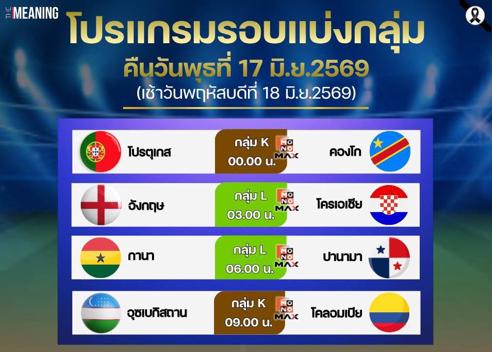 โปรแกรมการแข่งขันฟุตบอลโลก 2026 ประจำวันที่ 17 มิ.ย.69 (ถึงเช้าวันที่ 18 มิ.ย.69)