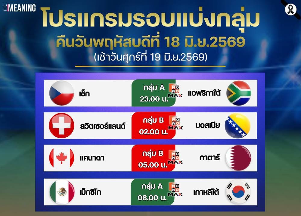 โปรแกรมการแข่งขันฟุตบอลโลก 2026 ประจำวันที่ 18 มิ.ย.69 (ถึงเช้าวันที่ 19 มิ.ย.69)