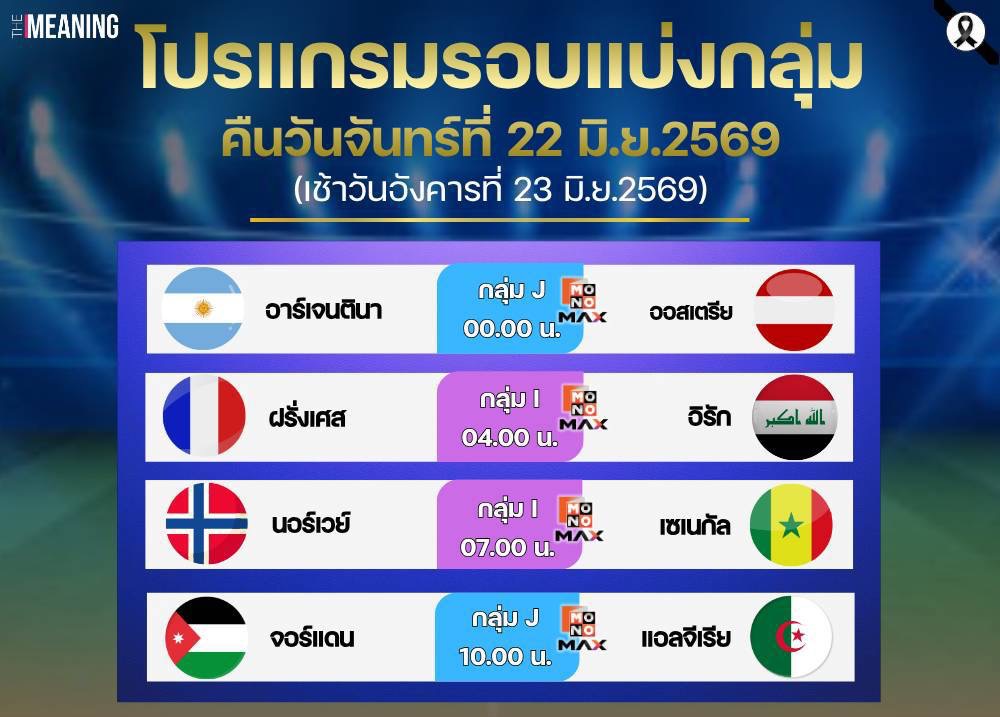 โปรแกรมการแข่งขันฟุตบอลโลก 2026 ประจำวันที่ 22 มิ.ย.69 (ถึงเช้าวันที่ 23 มิ.ย.69)